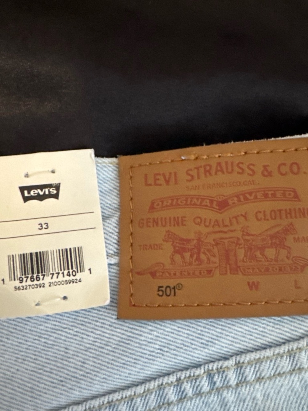 Levi's 501 Light Blue Denim Jean shorts with Tan Leather Patch